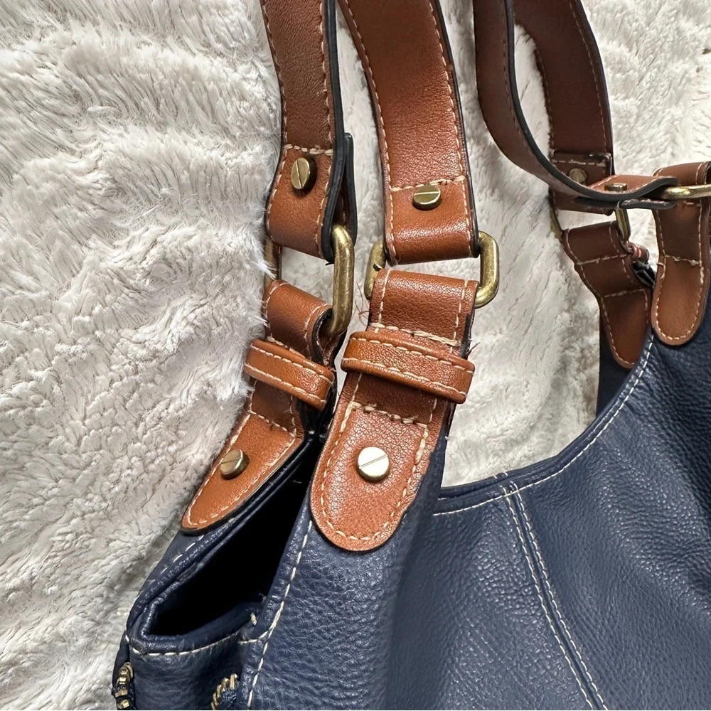 Merona Dark Blue Tan Brown Faux Leather Shoulder Bag Purse Handbag Classic